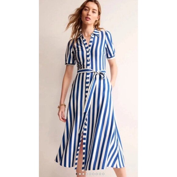Blue and white stripe collared dress midi BODEN Libby size us 14 R - Picture 1 of 6